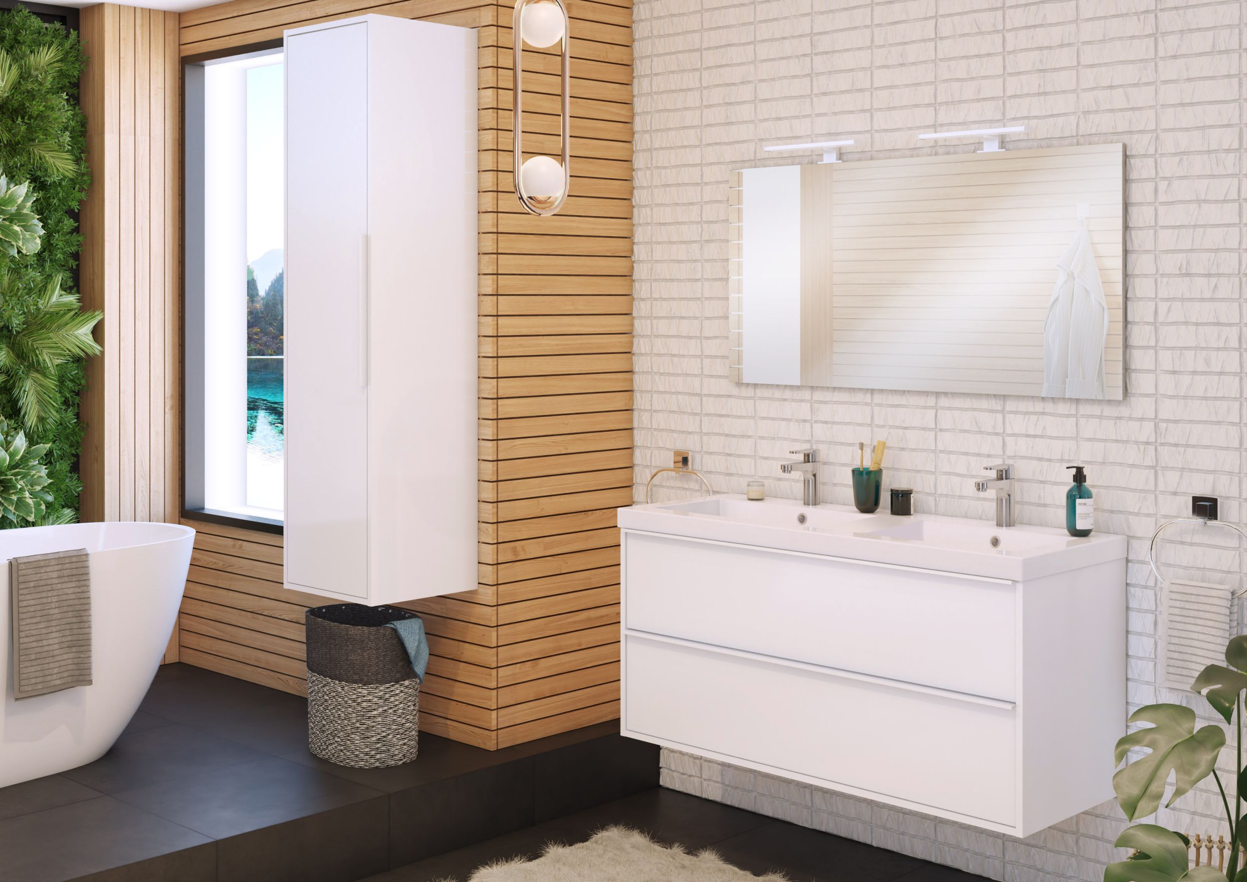  Meuble sous-vasque 120 cm avec poignées blanches - double passage siphon