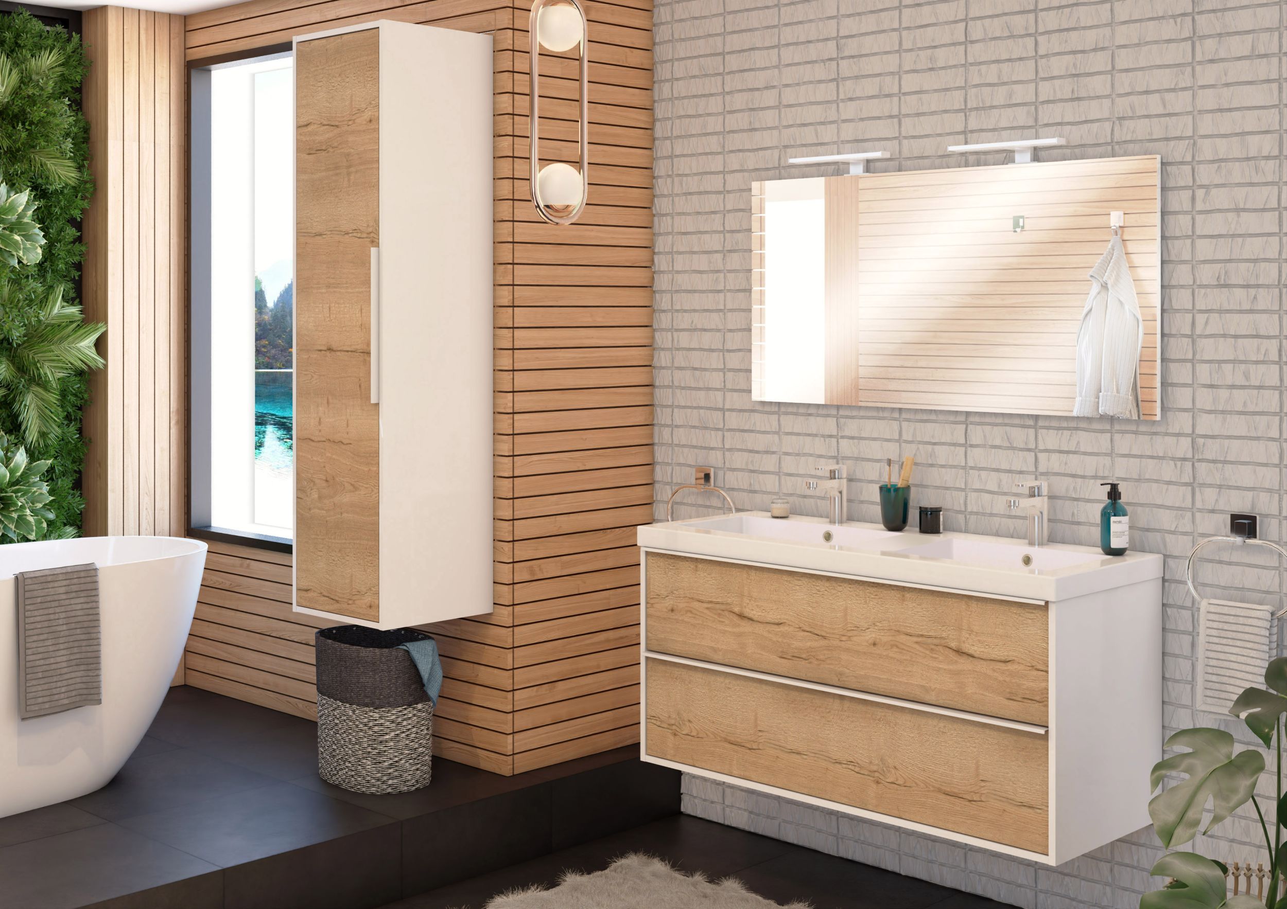  Meuble sous-vasque 120 cm avec poignées blanches - double passage siphon
