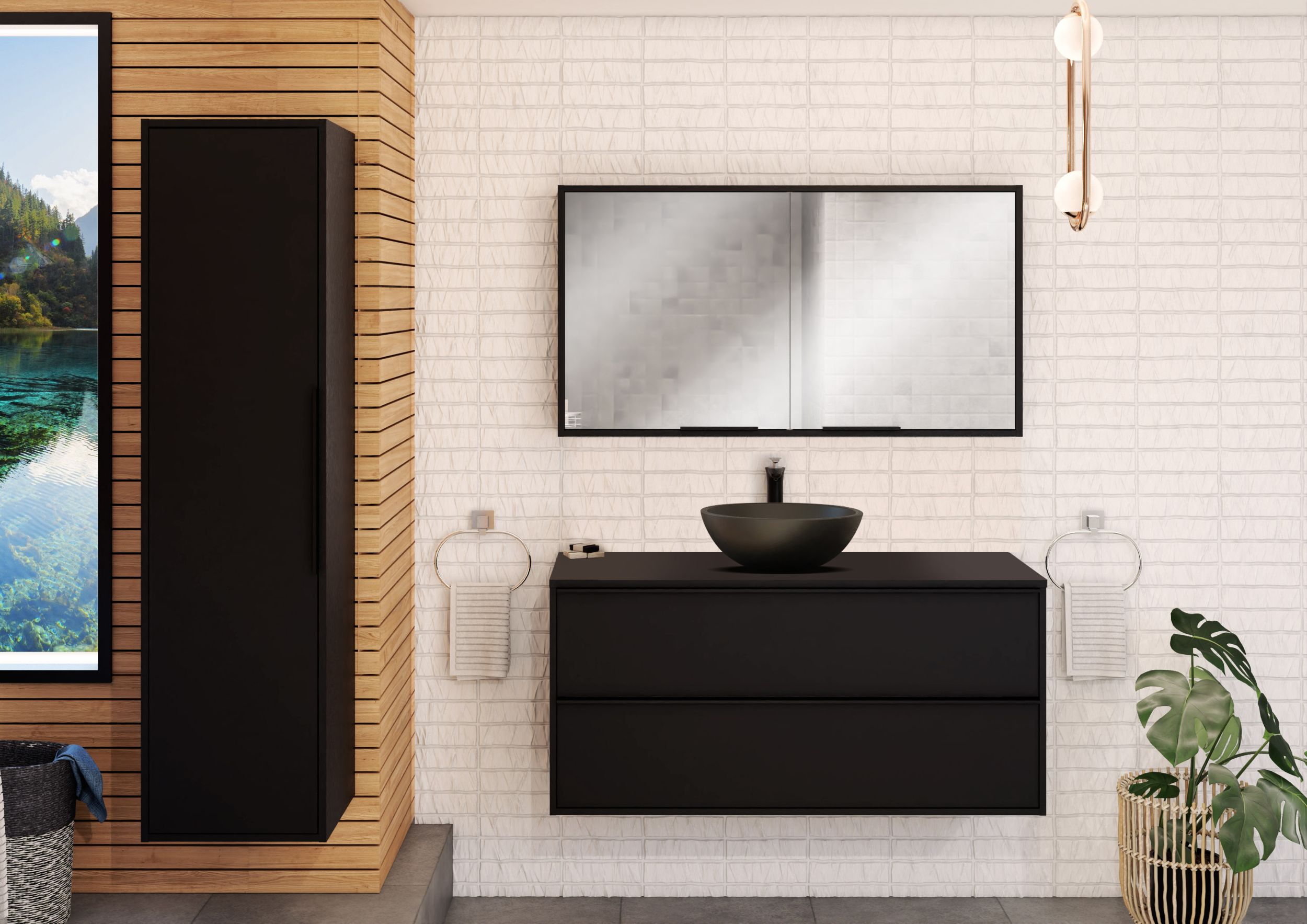  Vanity unit 120 cm with black handles - single centered space for siphon installation