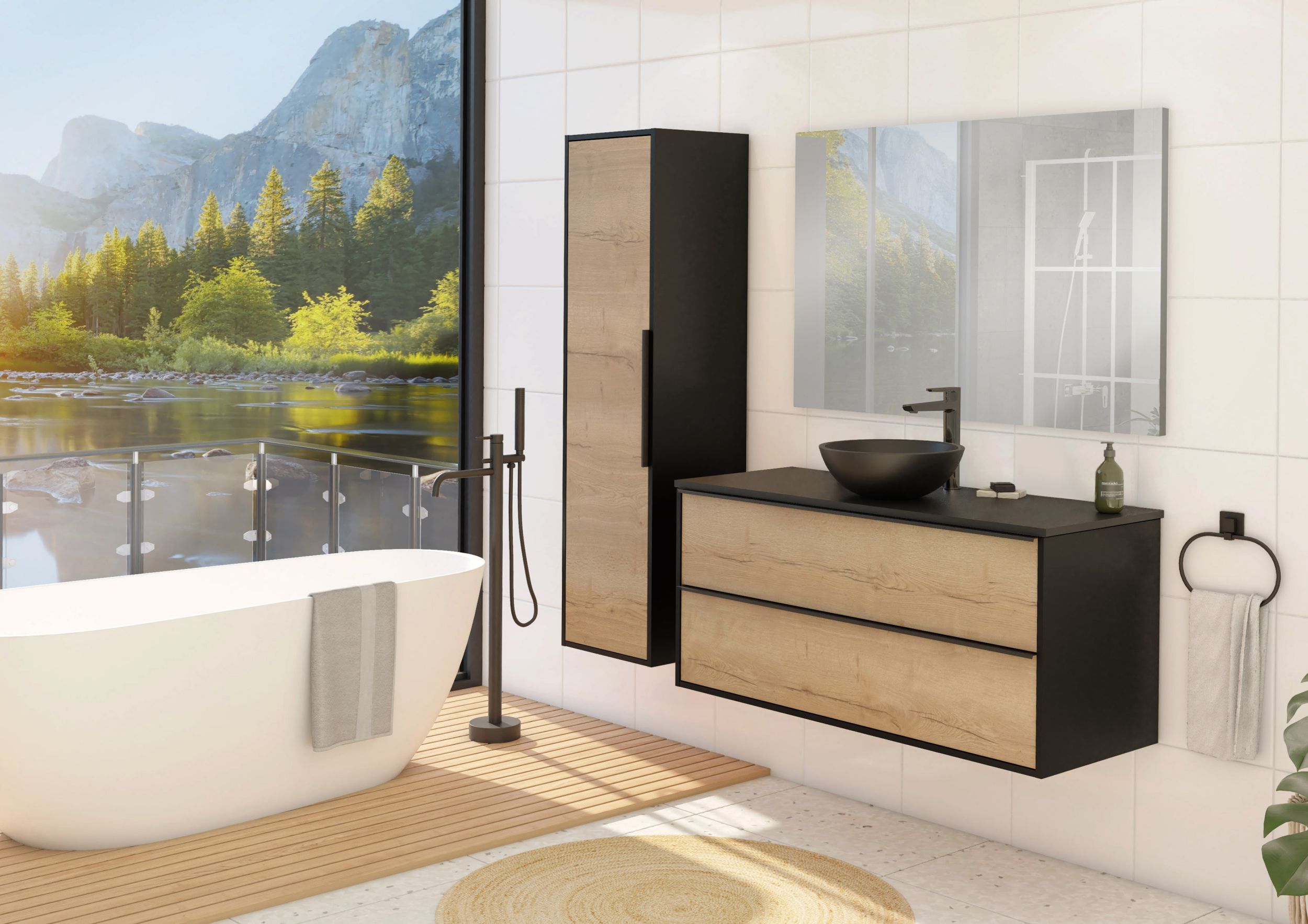  Vanity unit 120 cm with black handles - single centered space for siphon installation