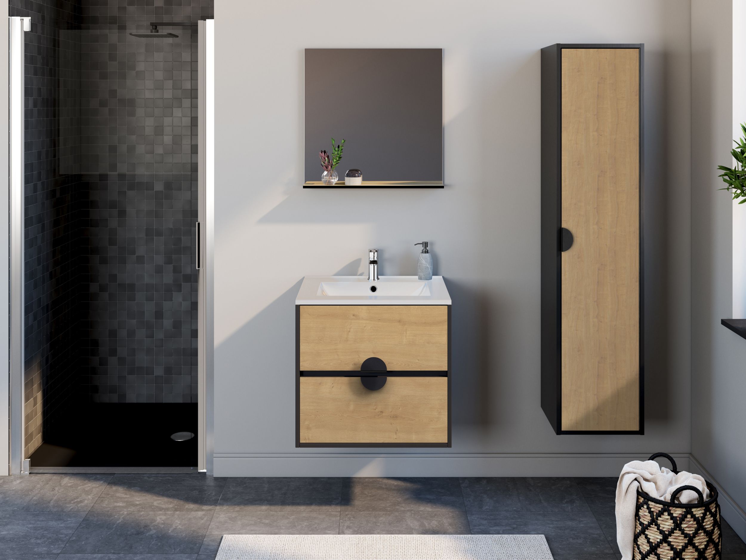  Set 60 cm with mirror and glossy white ceramic washbasin