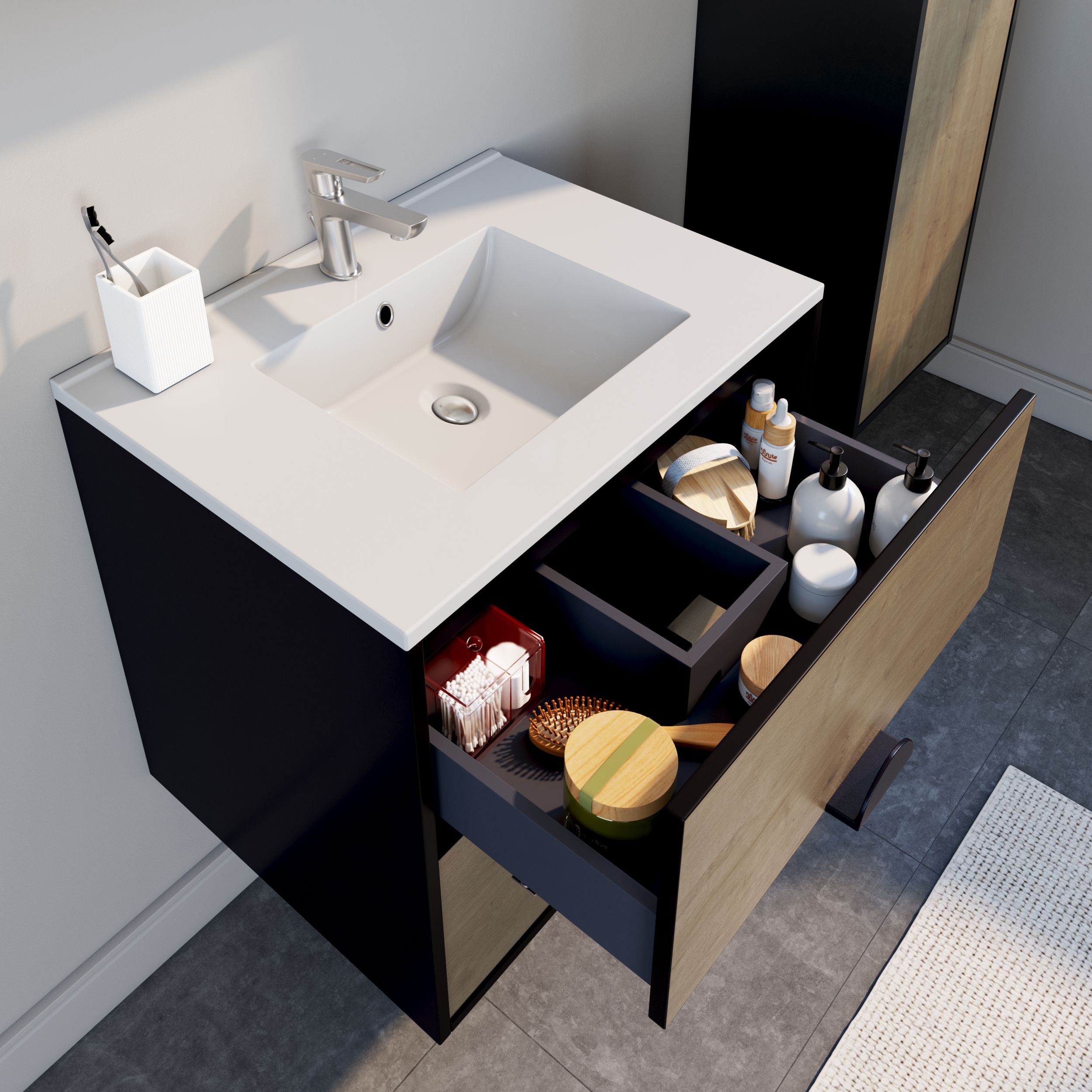  Set 60 cm with mirror and glossy white ceramic washbasin