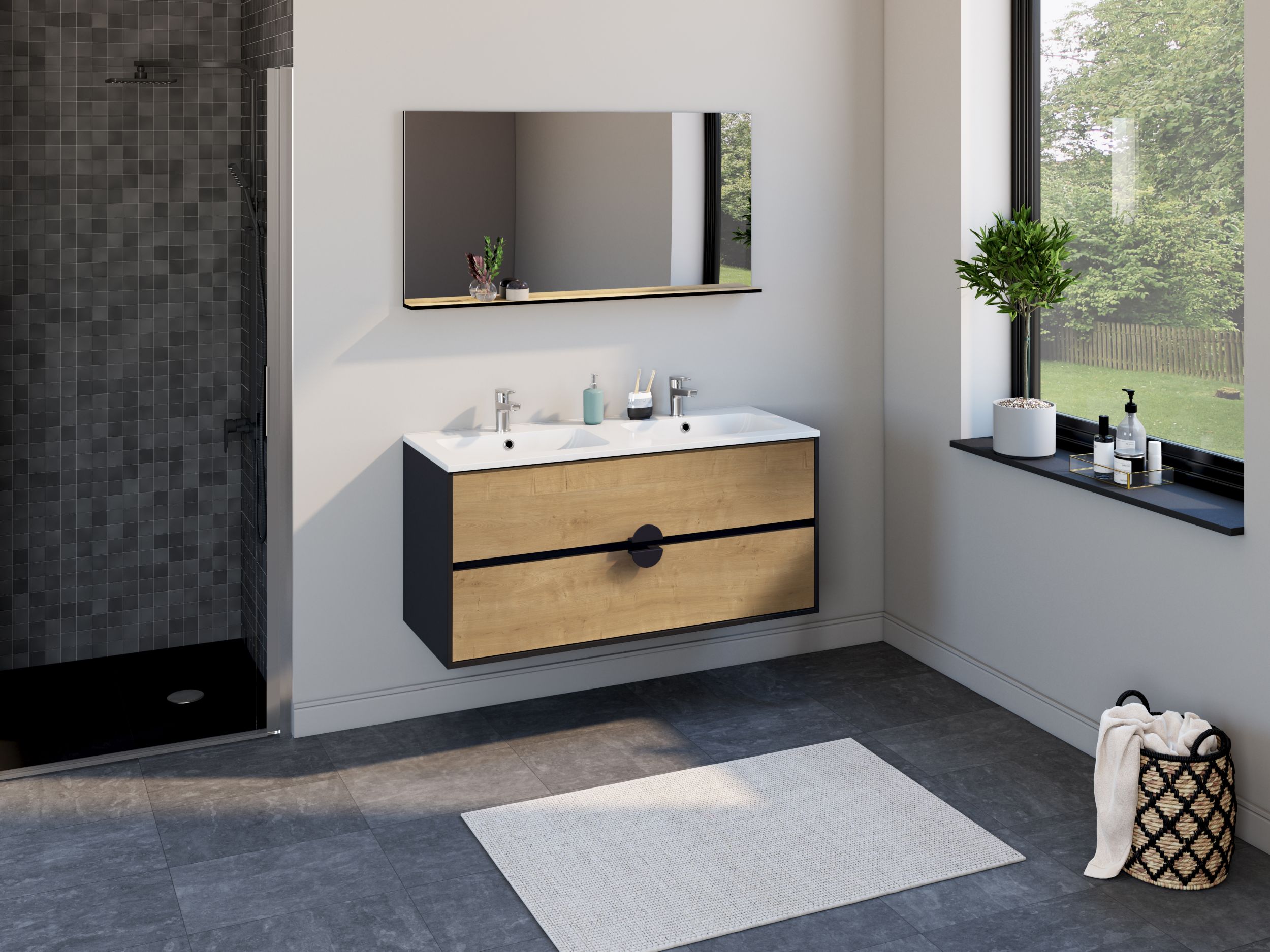  Ensemble 120 cm + Miroir + Plan céramique blanc brillant