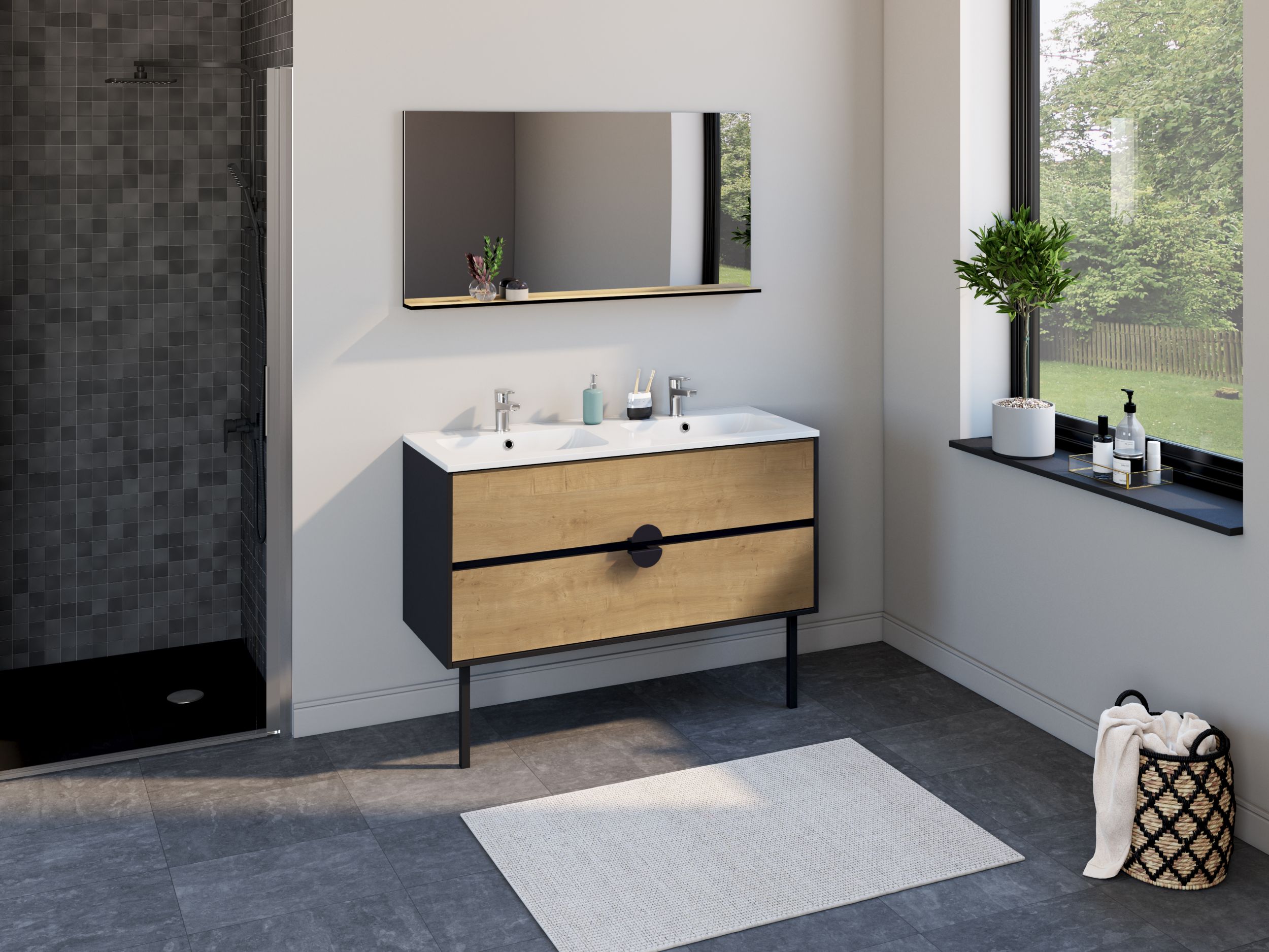  Ensemble 120 cm + Miroir + Plan céramique blanc brillant