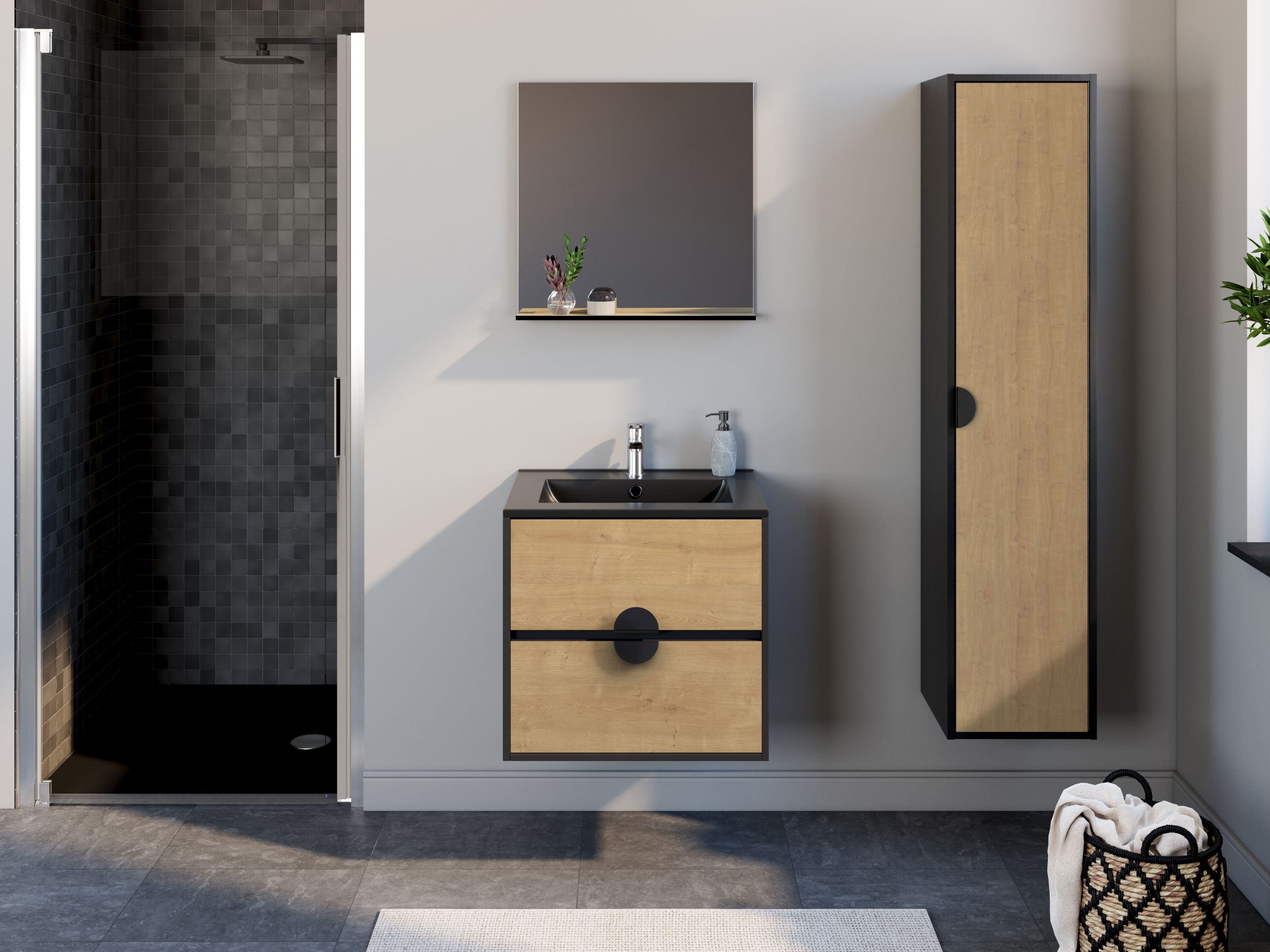  Ensemble 60 cm  + Miroir + Plan céramique noir mat