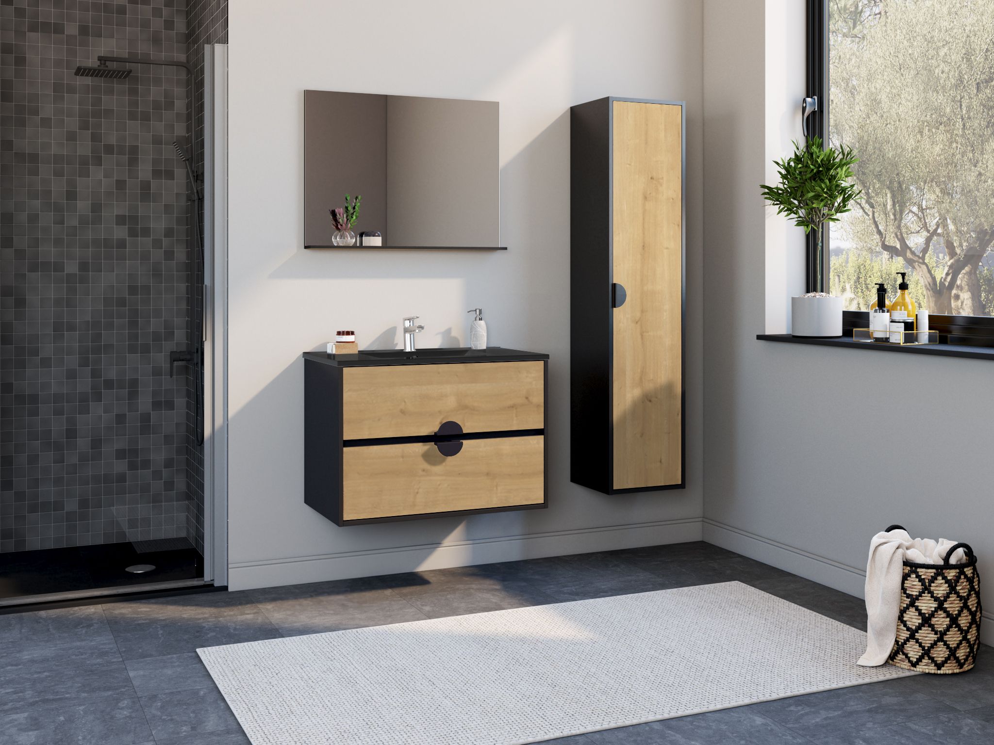  Ensemble 80 cm + Miroir + Plan céramique noir mat