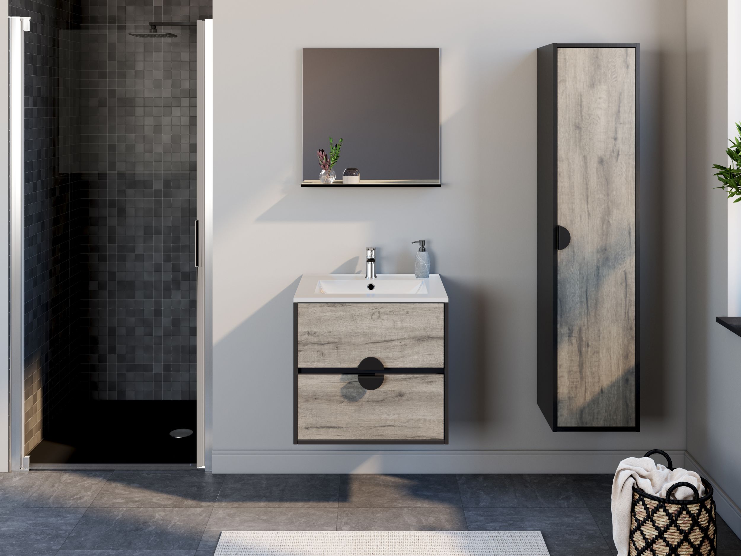  Set 60 cm with mirror and glossy white ceramic washbasin