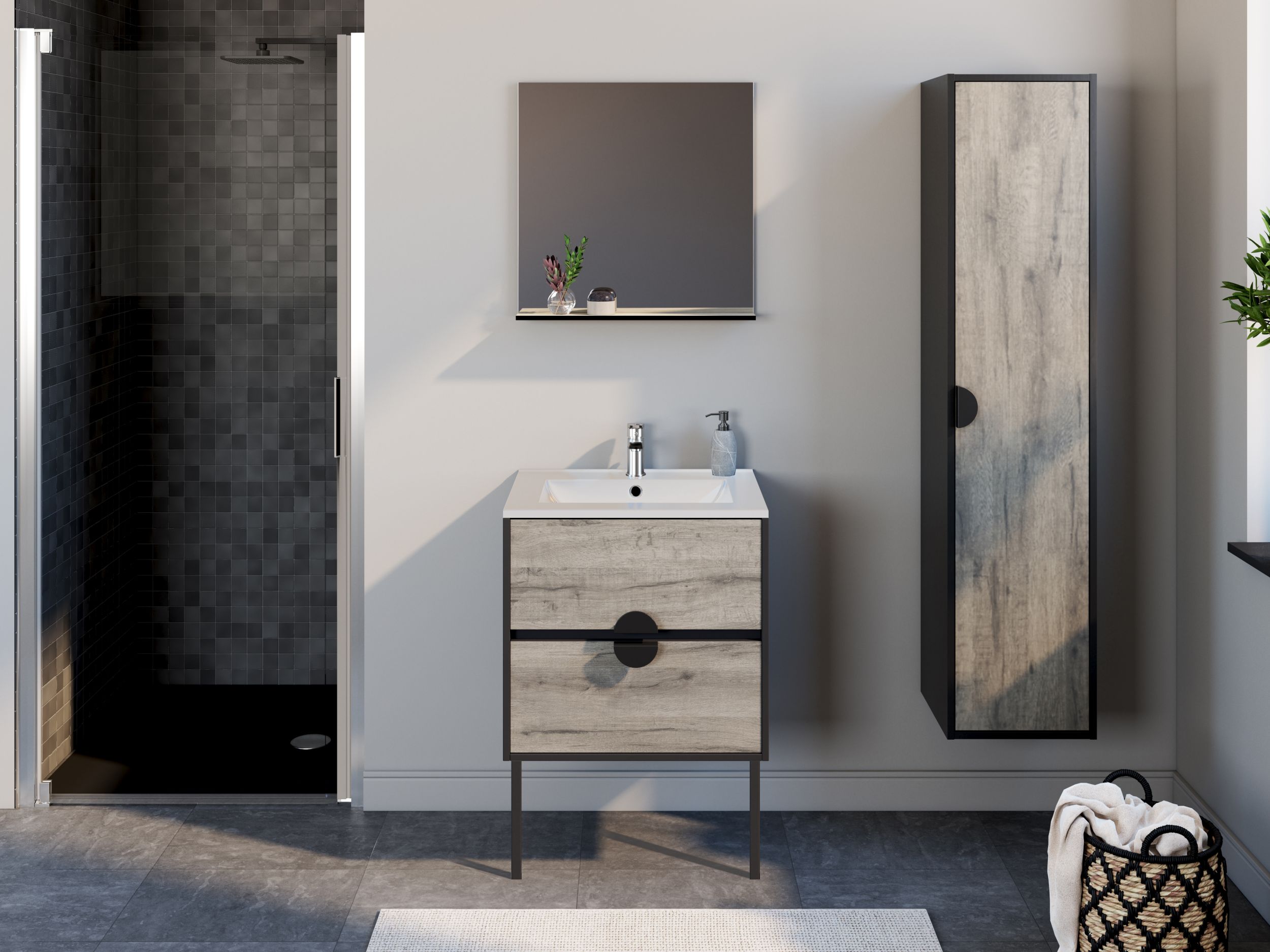  Set 60 cm with mirror and glossy white ceramic washbasin