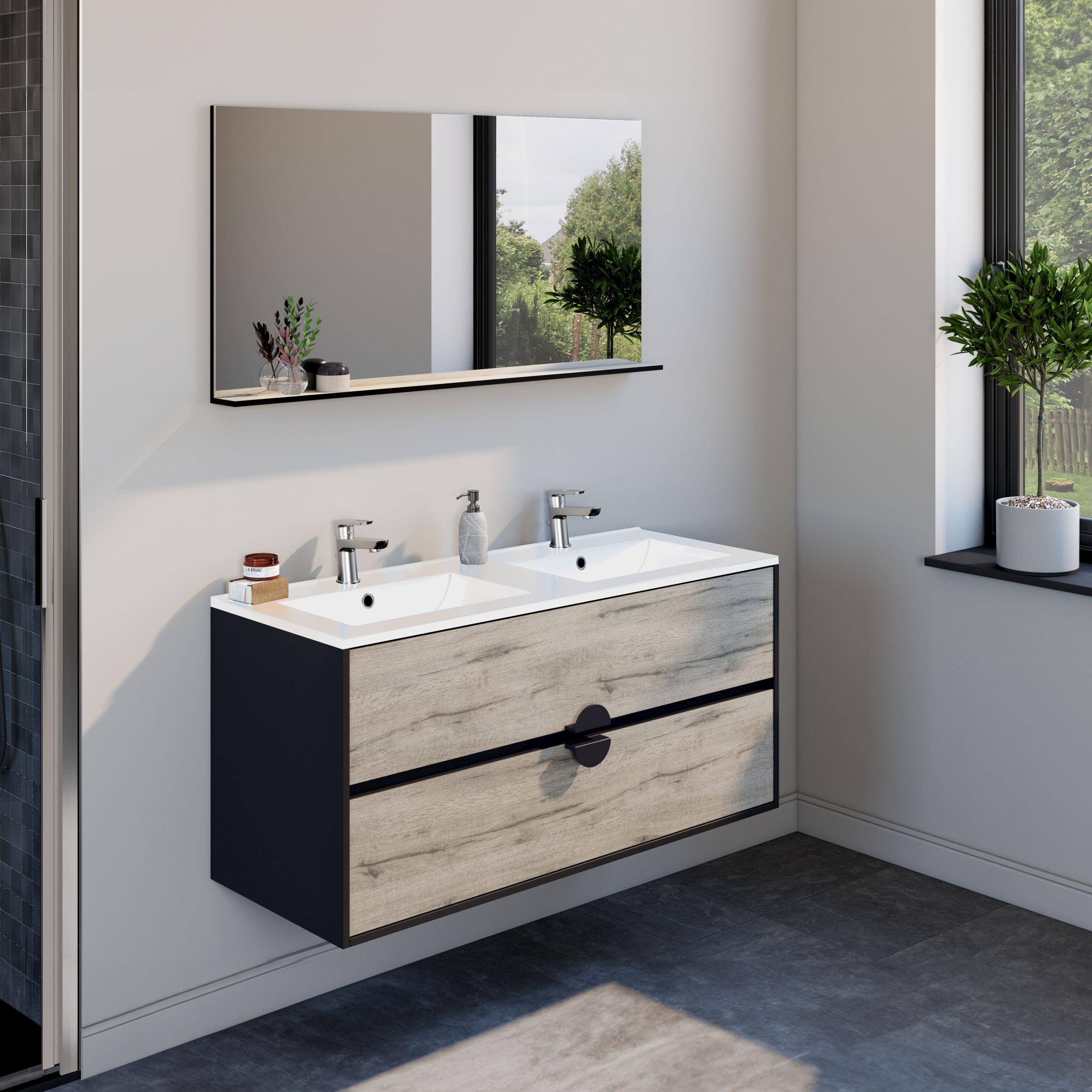  Ensemble 120 cm + Miroir + Plan céramique blanc brillant
