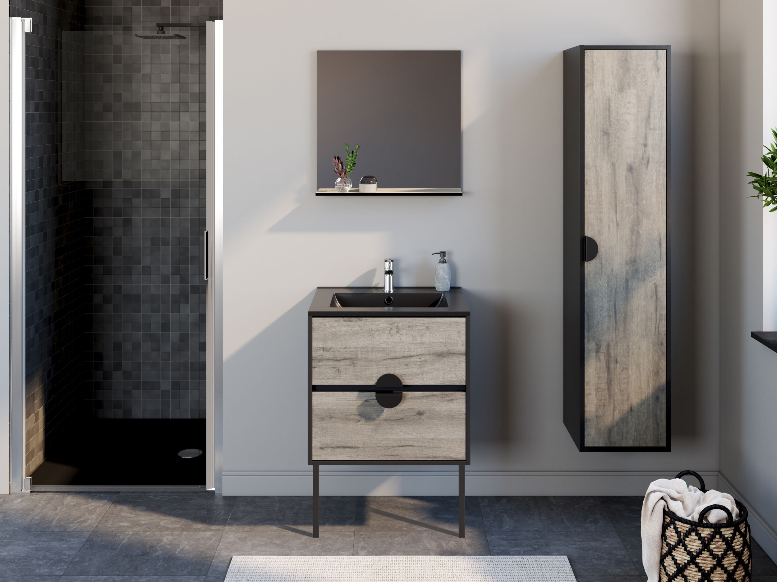  Ensemble 60 cm  + Miroir + Plan céramique noir mat