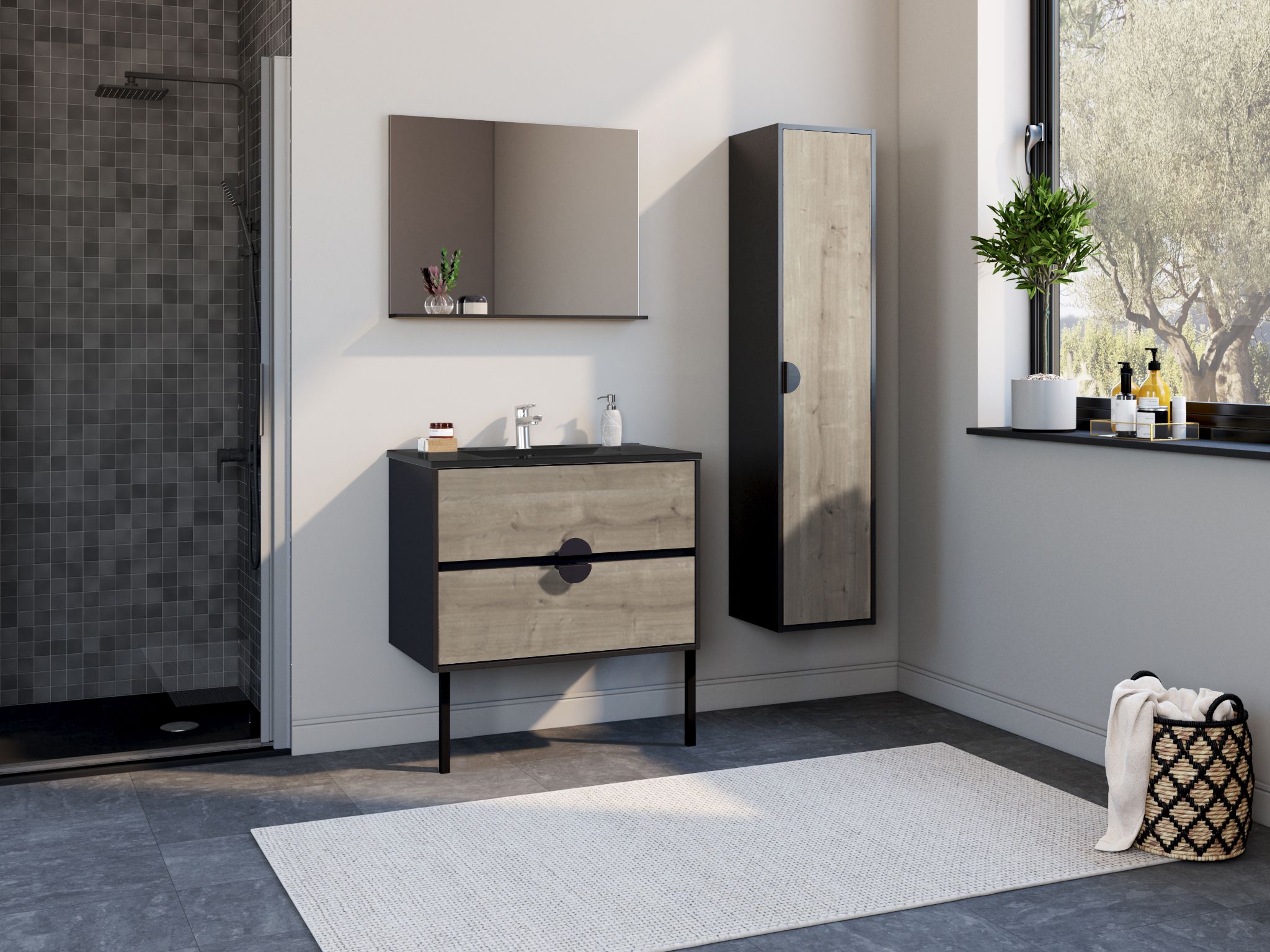  Ensemble 80 cm + Miroir + Plan céramique noir mat
