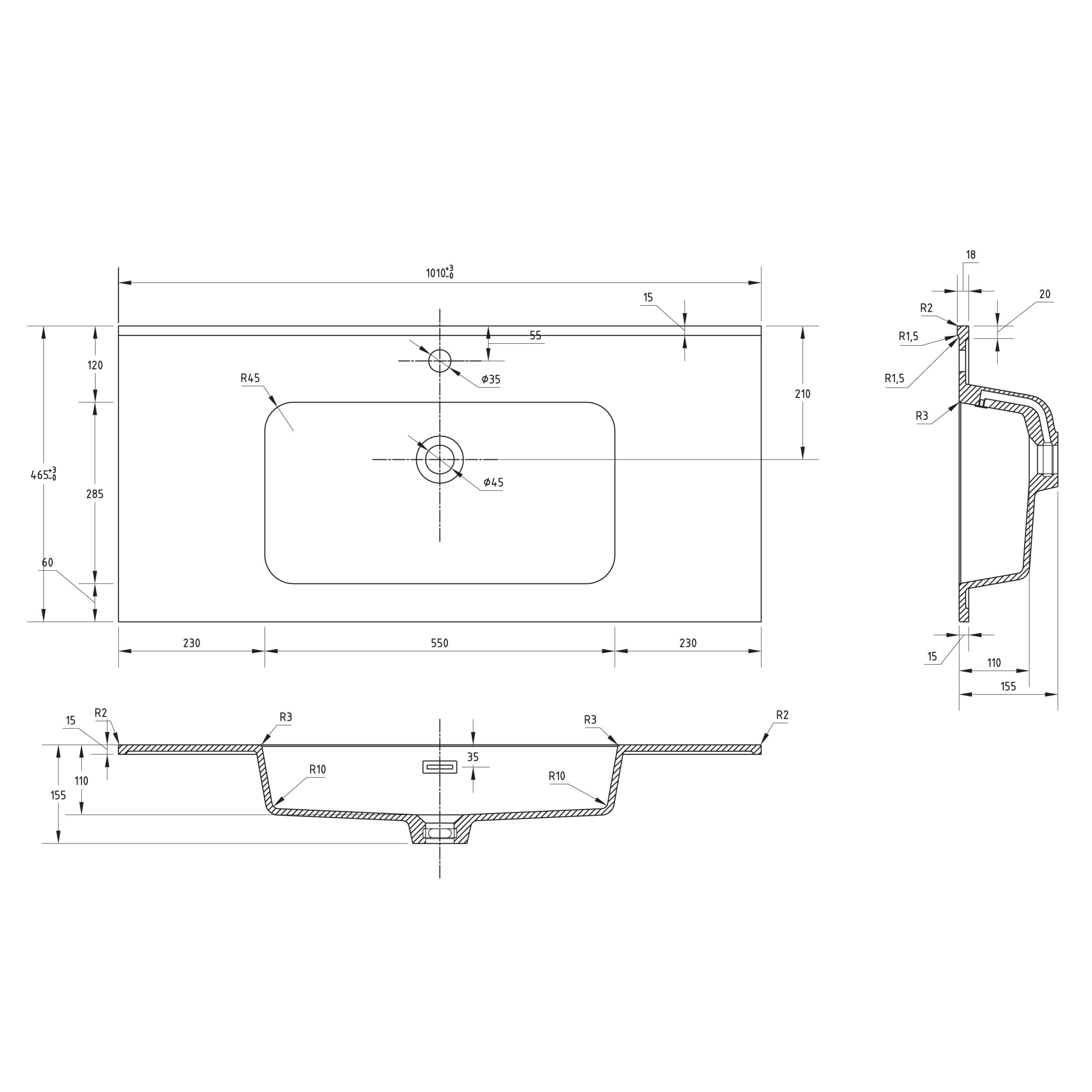  Plan de toilette 101 cm simple vasque centrée