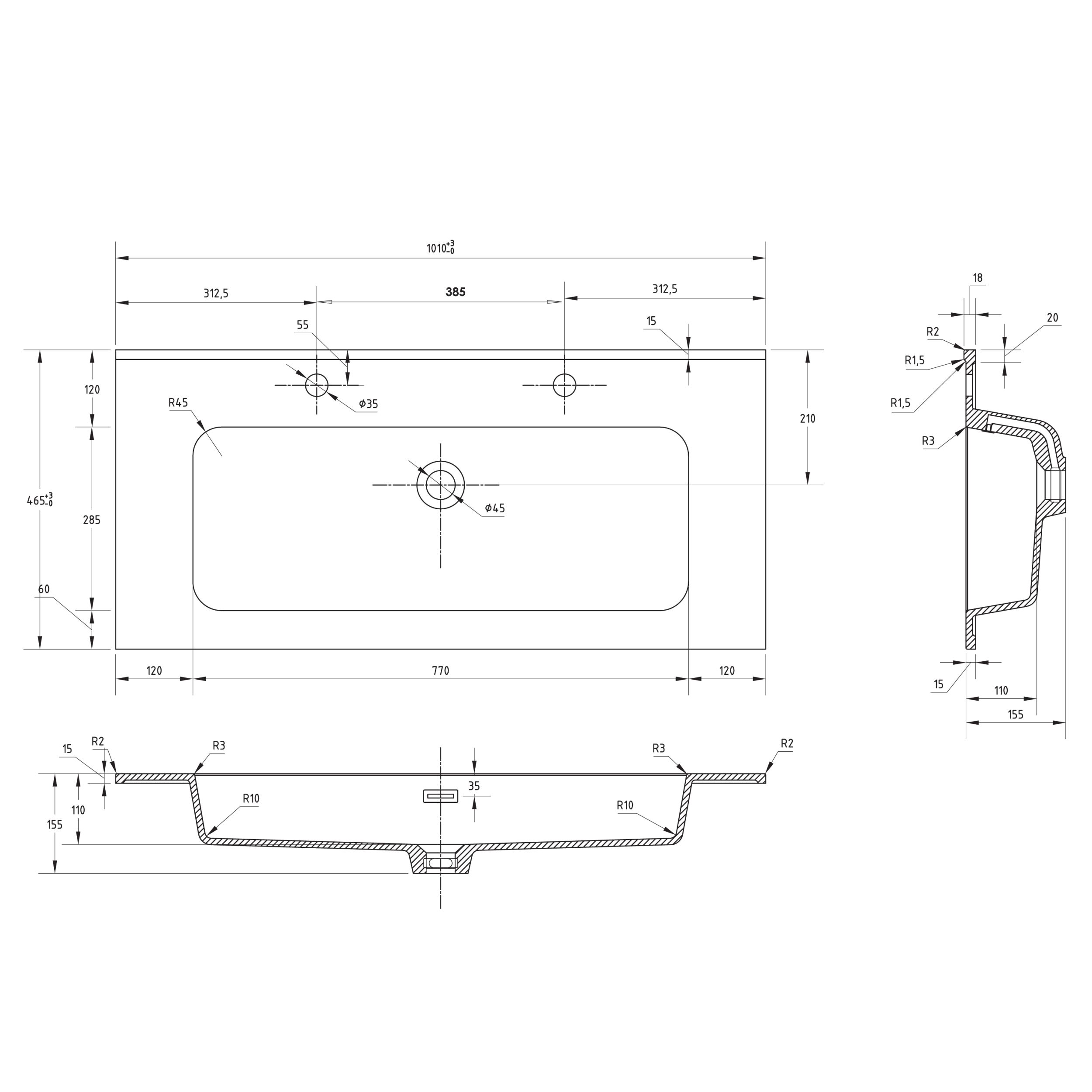 Plan de toilette 101 cm simple vasque pour 2 robinets